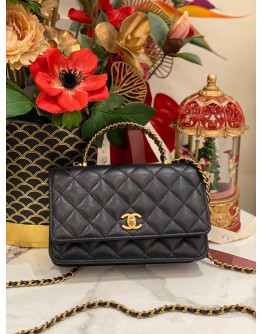(LIKE NEW) 2024 MICROCHIP CHANEL SMALL TOP HANDLE SLING BAG INBLACK CAVIAR LEATHER GOLD HARDWARE CHAIN FULL SET