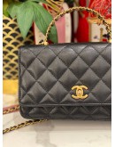 (LIKE NEW) 2024 MICROCHIP CHANEL SMALL TOP HANDLE SLING BAG INBLACK CAVIAR LEATHER GOLD HARDWARE CHAIN FULL SET