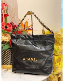 (LIKE NEW) 2024 MICROCHIP CHANEL 22 MEDIUM BLACK CALFSKIN LEATHER TOTE SHOULDER CHAIN BAG 