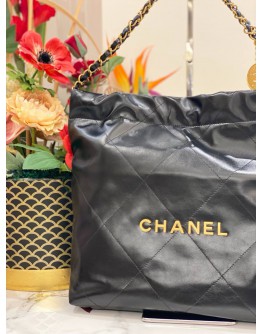 (LIKE NEW) 2024 MICROCHIP CHANEL 22 MEDIUM BLACK CALFSKIN LEATHER TOTE SHOULDER CHAIN BAG 