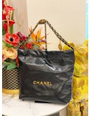 (LIKE NEW) 2024 MICROCHIP CHANEL 22 MEDIUM BLACK CALFSKIN LEATHER TOTE SHOULDER CHAIN BAG 