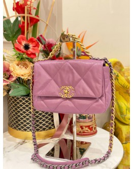 (LIKE NEW) 2020 CHANEL 19 SMALL PURPLE LAMBSKIN CC LOGO FLAP CROSSBODY BAG WITH 3 TONE HARDWARE