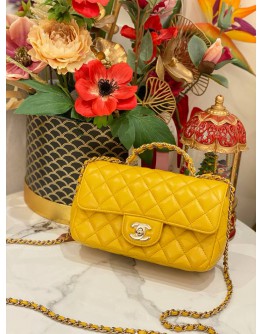 (LIKE NEW) MICROCHIP CHANEL RHINESTONE HANDLE GOLD CC LOGO YELLOW FLAP BAG 