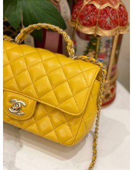 (LIKE NEW) MICROCHIP CHANEL RHINESTONE HANDLE GOLD CC LOGO YELLOW FLAP BAG 