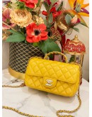 (LIKE NEW) MICROCHIP CHANEL RHINESTONE HANDLE GOLD CC LOGO YELLOW FLAP BAG 
