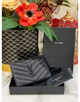 (LIKE NEW) 2021 YSL SAINT LAURENT GRAIN DE POUDRE MATELASSE CHEVRON SMALL WALLET FULL SET