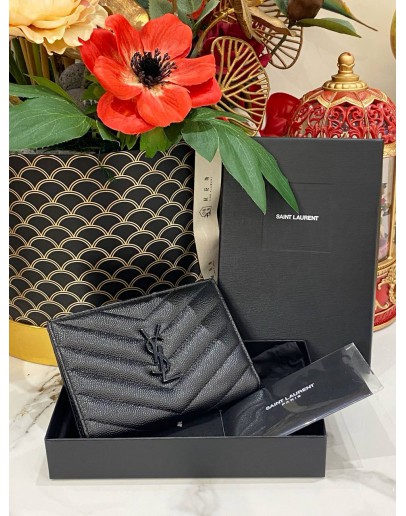 (LIKE NEW) 2021 YSL SAINT LAURENT GRAIN DE POUDRE MATELASSE CHEVRON SMALL WALLET FULL SET