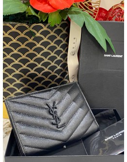(LIKE NEW) 2021 YSL SAINT LAURENT GRAIN DE POUDRE MATELASSE CHEVRON SMALL WALLET FULL SET