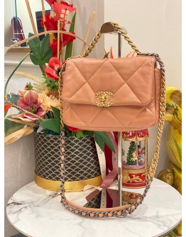 (LIKE NEW) MICROCHIP CHANEL 19 SMALL BEIGE LAMBSKIN CC LOGO FLAP CROSSBODY BAG WITH 3 TONE HARDWARE