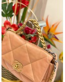 (LIKE NEW) MICROCHIP CHANEL 19 SMALL BEIGE LAMBSKIN CC LOGO FLAP CROSSBODY BAG WITH 3 TONE HARDWARE