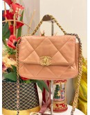 (LIKE NEW) MICROCHIP CHANEL 19 SMALL BEIGE LAMBSKIN CC LOGO FLAP CROSSBODY BAG WITH 3 TONE HARDWARE