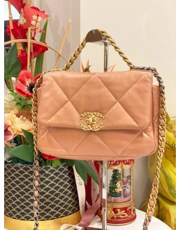 (LIKE NEW) MICROCHIP CHANEL 19 SMALL BEIGE LAMBSKIN CC LOGO FLAP CROSSBODY BAG WITH 3 TONE HARDWARE