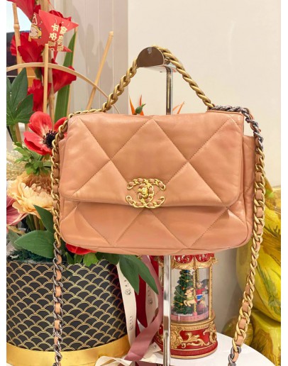 (LIKE NEW) MICROCHIP CHANEL 19 SMALL BEIGE LAMBSKIN CC LOGO FLAP CROSSBODY BAG WITH 3 TONE HARDWARE