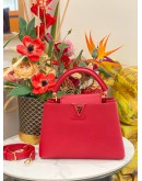 (LIKE NEW) 2023 MICROCHIP LOUIS VUITTON CAPUCINES BB RED TAURILLON LEATHER TOP HANDLE BAG WITH LEATHER STRAP 
