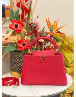 (LIKE NEW) 2023 MICROCHIP LOUIS VUITTON CAPUCINES BB RED TAURILLON LEATHER TOP HANDLE BAG WITH LEATHER STRAP 