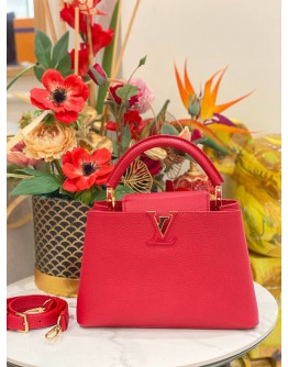 (LIKE NEW) 2023 MICROCHIP LOUIS VUITTON CAPUCINES BB RED TAURILLON LEATHER TOP HANDLE BAG WITH LEATHER STRAP 