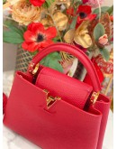 (LIKE NEW) 2023 MICROCHIP LOUIS VUITTON CAPUCINES BB RED TAURILLON LEATHER TOP HANDLE BAG WITH LEATHER STRAP 