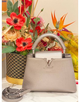 (LIKE NEW) 2023 MICROCHIP LOUIS VUITTON CAPUCINES BB GREY METALLIC TAURILLON LEATHER TOP HANDLE BAG WITH LEATHER STRAP 