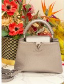 (LIKE NEW) 2023 MICROCHIP LOUIS VUITTON CAPUCINES BB GREY METALLIC TAURILLON LEATHER TOP HANDLE BAG WITH LEATHER STRAP 