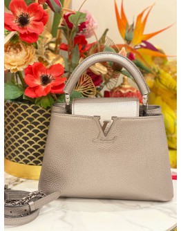 (LIKE NEW) 2023 MICROCHIP LOUIS VUITTON CAPUCINES BB GREY METALLIC TAURILLON LEATHER TOP HANDLE BAG WITH LEATHER STRAP 