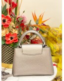 (LIKE NEW) 2023 MICROCHIP LOUIS VUITTON CAPUCINES BB GREY METALLIC TAURILLON LEATHER TOP HANDLE BAG WITH LEATHER STRAP 