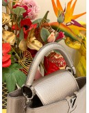 (LIKE NEW) 2023 MICROCHIP LOUIS VUITTON CAPUCINES BB GREY METALLIC TAURILLON LEATHER TOP HANDLE BAG WITH LEATHER STRAP 