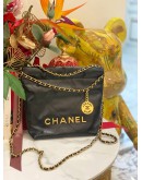 (LIKE NEW) 2024 MICROCHIP CHANEL 22 MINI BLACK CALFSKIN LEATHER TOTE SHOULDER CHAIN BAG