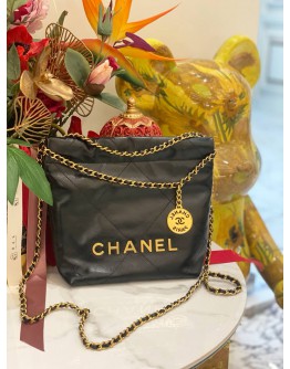 (LIKE NEW) 2024 MICROCHIP CHANEL 22 MINI BLACK CALFSKIN LEATHER TOTE SHOULDER CHAIN BAG