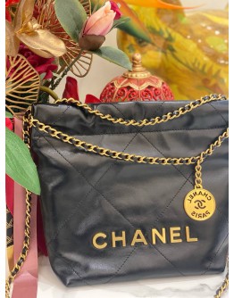 (LIKE NEW) 2024 MICROCHIP CHANEL 22 MINI BLACK CALFSKIN LEATHER TOTE SHOULDER CHAIN BAG