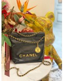 (LIKE NEW) 2024 MICROCHIP CHANEL 22 MINI BLACK CALFSKIN LEATHER TOTE SHOULDER CHAIN BAG