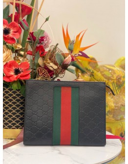 (LIKE NEW) GUCCI WEB CLUTCH IN BLACK GG EMBOSSED CALFSKIN LEATHER