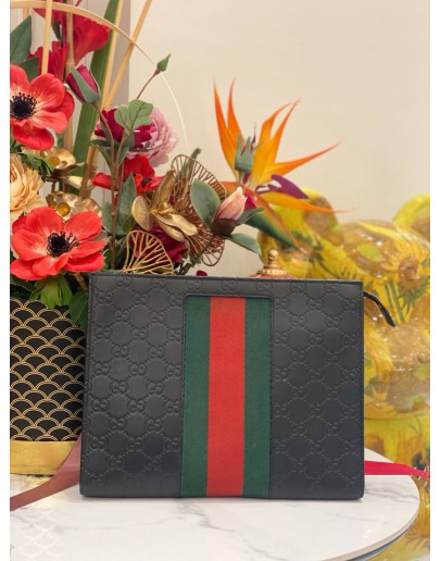 (LIKE NEW) GUCCI WEB CLUTCH IN BLACK GG EMBOSSED CALFSKIN LEATHER