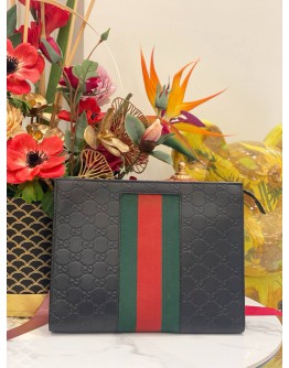 (LIKE NEW) GUCCI WEB CLUTCH IN BLACK GG EMBOSSED CALFSKIN LEATHER