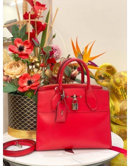 LOUIS VUITTON CITY STEAMER PM HOT RED LEATHER HANDLE BAG WITH STRAP
