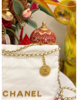 (LIKE NEW)2024 MICROCHIP CHANEL 22 MINI WHITE CALFSKIN LEATHER TOTE SHOULDER CHAIN BAG