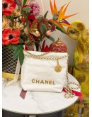(LIKE NEW)2024 MICROCHIP CHANEL 22 MINI WHITE CALFSKIN LEATHER TOTE SHOULDER CHAIN BAG