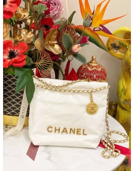 (LIKE NEW)2024 MICROCHIP CHANEL 22 MINI WHITE CALFSKIN LEATHER TOTE SHOULDER CHAIN BAG