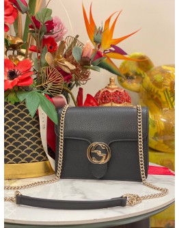 (UNUSED) GUCCI DOLLAR GG INTERLOCKING SMALL SILVER CHAIN FLAP SLING BAG IN BLACK CALFSKIN LEATHER