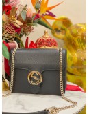 (UNUSED) GUCCI DOLLAR GG INTERLOCKING SMALL SILVER CHAIN FLAP SLING BAG IN BLACK CALFSKIN LEATHER