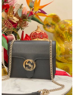 (UNUSED) GUCCI DOLLAR GG INTERLOCKING SMALL SILVER CHAIN FLAP SLING BAG IN BLACK CALFSKIN LEATHER