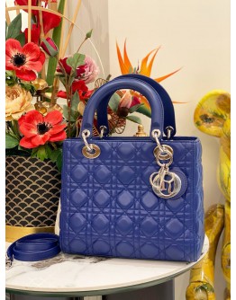 CHRISTIAN DIOR LADY DIOR MEDIUM TOP HANDLE BAG IN BLUE FULL SET