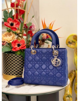CHRISTIAN DIOR LADY DIOR MEDIUM TOP HANDLE BAG IN BLUE FULL SET