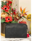 BOTTEGA VENETA INTRECCIATO LEATHER ZIPEED CLUTCH IN BLACK