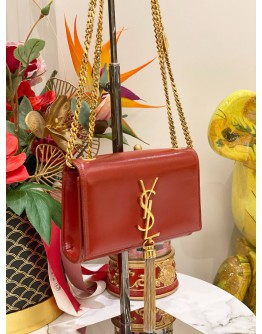 (LIKE NEW) YSL SAINT LAURENT RED CALFSKIN LEATHER SMALL KATE GOLD CHAIN SLING BAG