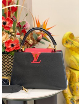 2022 MICROCHIP LOUIS VUITTON CAPUCINES MM IN BLACK / PINK BRELINGOT TAURILLON LEATHER FULL SET