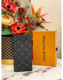 (BRAND NEW) LOUIS VUITTON BLACK / GREY MONOGRAM ECLIPSE CANVAS BRAZZA WALLET -FULL SET-