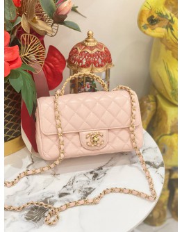 (LIKE NEW) MICROCHIP CHANEL RHINESTONE HANDLE GOLD CC LOGO SOFT PINK FLAP BAG 