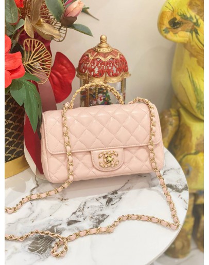 (LIKE NEW) MICROCHIP CHANEL RHINESTONE HANDLE GOLD CC LOGO SOFT PINK FLAP BAG 