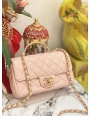 (LIKE NEW) MICROCHIP CHANEL RHINESTONE HANDLE GOLD CC LOGO SOFT PINK FLAP BAG 