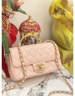 (LIKE NEW) MICROCHIP CHANEL RHINESTONE HANDLE GOLD CC LOGO SOFT PINK FLAP BAG 
